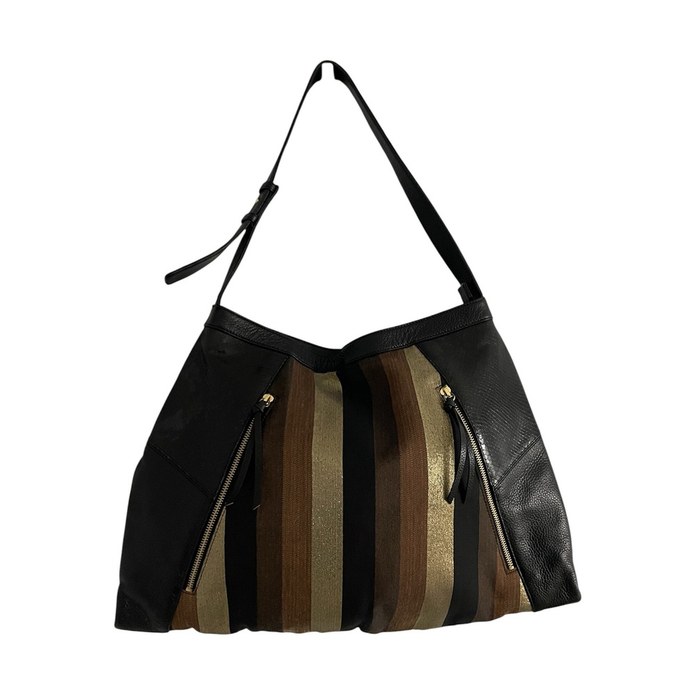 BODHI Hobo Bag Womens Large‎ Black Brown Striped Leather Mixed Media
